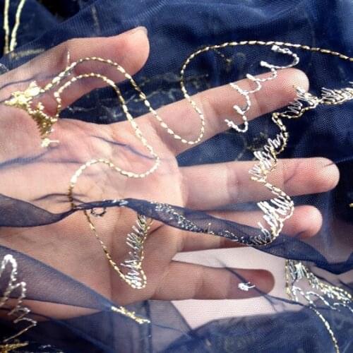 One meter Quality gauze fabric Bird embroidery with gold and silver thread tissu Fashion dress clothing sewing