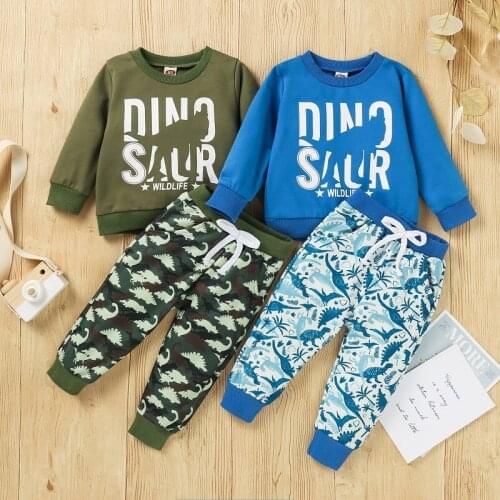 2021 Autumn Newborn Baby Boy Long Sleeve Pullover Sweatshirt Tops Cartoon Dinosaur Long Pant Trouser 2PCS Clothing Set