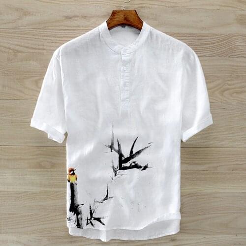2018 Summer new mens short-sleeved pure linen shirt Chinese style ink painting printing flax white shirt men camisa masculina