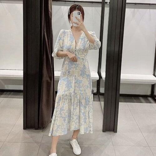 Vintage Chic Lady Flare Sleeve Floral Print Beach Dresses 2020 Bohemian Dress For Women Button Summer Boho Dress Bohemian DD2474