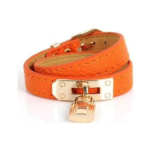 Top Quality Punk Style Double Layer PU Leather Fabric Gold Lock Pendant Charms Bracelet Bangle For Women Men Jewelry Wholesale