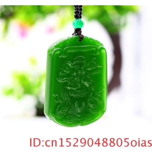 Green Jade Caishen Pendant Necklace Amulet Carved Chinese Jadeite Fashion Jewelry Natural Men Gifts Women Charm for