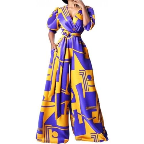 2021 Women Summer Jumpsuit Casual Wide-Leg Pants African Short-Sleeved Clothing Dashiki Print Bandage High Waist Loose Bodysuit