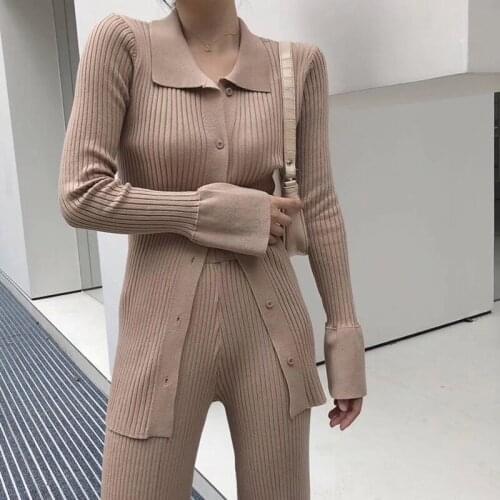 Knitted Womens Suit Ribbing Lapel Flare Sleeve Sweater Cardigan + Wide Leg Pants Two Piece Set Women Spring Autumn Casual