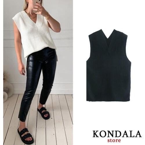 Womens Sweater Za 2020 Cotton Elegand Style Solid White Black Vest Knitted Female Pullover V-Neck Autumn Spring Sweater Vest