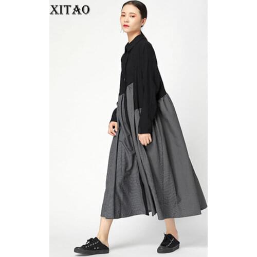 XITAO Plus Size Pleated Striped Dress Women Clothes 2019 Single Breasted Turn Down Collar Casual Patchwork Elegant New GWY2952