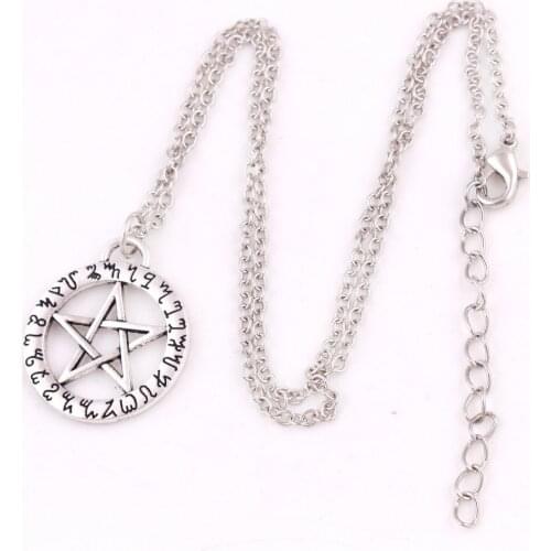 Link Chain Silver Color Vinking Necklace Pentagram In Round Pattern With MagicK Rune Protect The Owner Great Birthday Presents