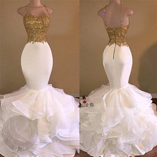 Sexy Long Mermaid White and Gold Prom Dresses 2017 Spaghetti Strap Applique Lace Ruffles Organza Formal Evening Gowns Formatura
