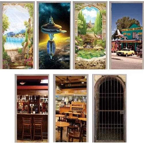 3D Door Sticker Arches Flower Seligman Coffee Gift Shop Animal Cage Restaurant Space Station Cafe Home Decoration Paste Lakeside