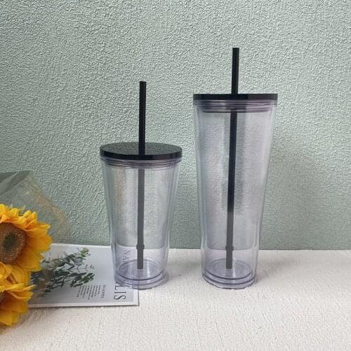 500/ 710ML New Double Layer Water Cup Creative Transparent Plastic Straw Cup With Lid BPA Free Home Office School Milk Juice Mug