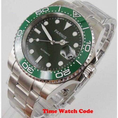 PARNIS 40mm Automatic Mens Wristwatch Green Dial Luminous hands Sapphire glass Date indicator ceramic bezel bracelet Mechanical