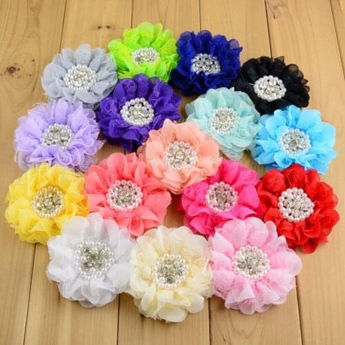 80pc/lot 3.54" Kids Hair Flowers With Clip Good Quality Headwear Flower Pearls Rhinestones For Kids Girls Beauty Fabric Flowers