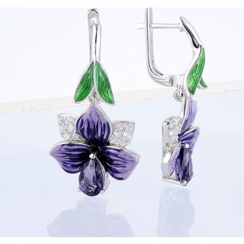 Classic Silver Flower Petal Handmade Enamel Dangle Earrings for Women Dark Purple Zircon Leaf Pendant Earrings Vintage Jewelry