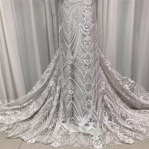 Latest White 2020 High Quality African Guipure French Sequins Net Lace Fabric With Beads Nigerian Tulle Net Embroidery For Party