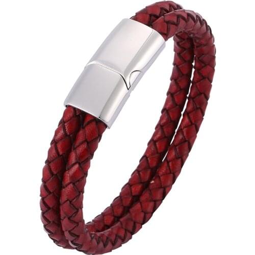 New Trendy Vintage Red Genuine Leather Braid Charm Leather Women Bracelets Men Bangles Homme Wholesale Jewelry BB0510