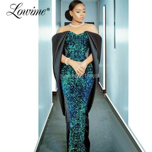 Off The Shoulder Green Sequin Muslim Evening Dress Vintage Mermaid Arabic Party Gowns 2019 Custom Made Prom Dresses
