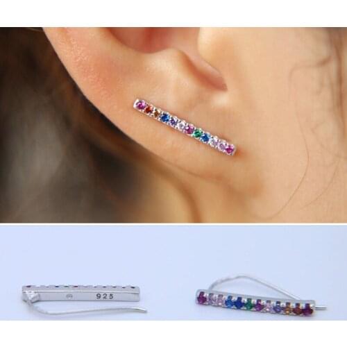 Simple design real 925 sterling silver bar earrings thin tiny line stud earrings Rainbow CZ minimalist jewelry for wedding gift