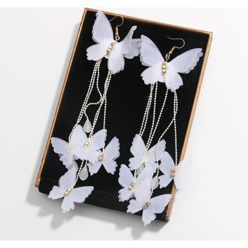 Fairy White Cloth Layed Butterfly Earrings Gold Color Alloy Chain Long Tassel Insect Drop Dangle Earings Fashion Jewelry 2020