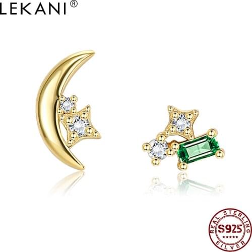 LEKANI 925 Sterling Silver Jewelry Sparkling Star Moon Asymmetry Stud Earrings Women Cute Zircon Golden Tiny Earring Hot Sale