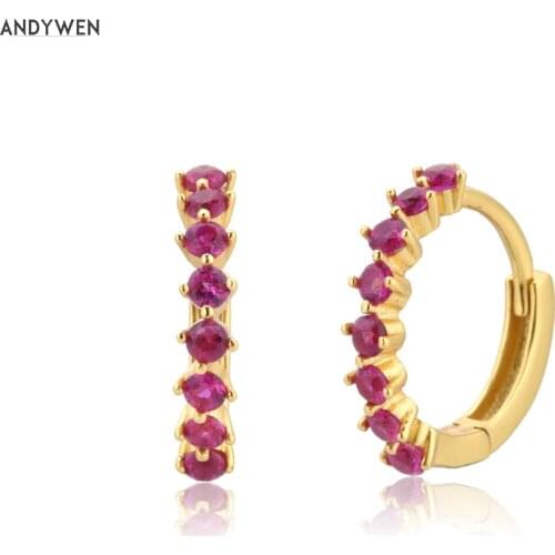 ANDYWEN 100% 925 Sterling Silver Rose Red Huggies Pendiente Luxury Circle Fashion Zircon CZ Hoops Piercing Ohrringe Jewelry