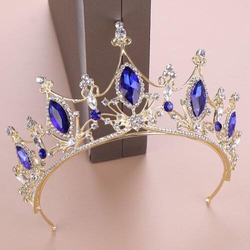 FORSEVEN Retro Baroque Blue Color Crystal Princess Pageant Diadem Tiaras Crowns Women Bridal Bride Noiva Wedding Hair Jewelry