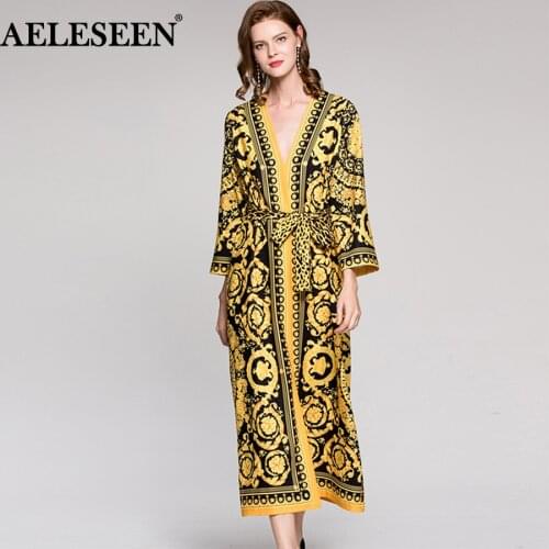 Vintage Runway Dress Leopard Print 2020 Spring Fashion Full Sleeves Belt V Neck Ethnic Muslim Printed Slim Long Loose Dress