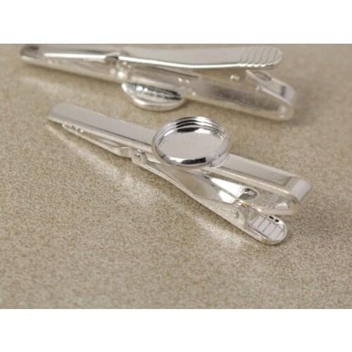 Tie Clip Bar with Round Bezel on center Blank Cabochon Settings Silver plated Brass Tie Clip Clasps Mens Jewelry Findings