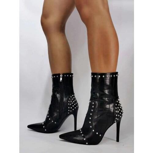 ASHIOFU New Designed Womens High Heels Boots Real Photos Rivets Spikes Party Prom Ankle Booties Sexy Evening Fashion Club Boots