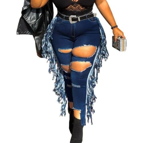 Womens Jeans Ripped Fringed Jeans 2021 Autumn Solid Color Slim Sexy Stretch Long Pants Urban Casual Pencil Pants High Street