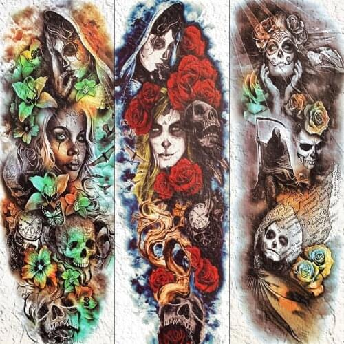 YURAN Ghostly Nun Women Temporary Tattoos Waterproof Rose Skull Full Arm Tatoo Paper Waterproof Flash Henna Tattoo Sticker Decal