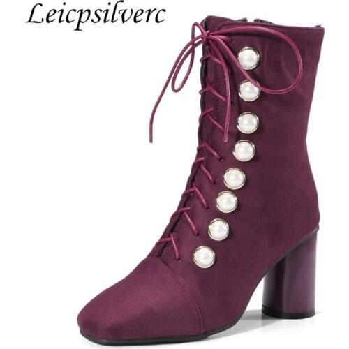 Winter Pearl Suede zipper Female sex Short boots Young women High-heeled shoes Womens Shoes Womens Boots Plus Size 34-48