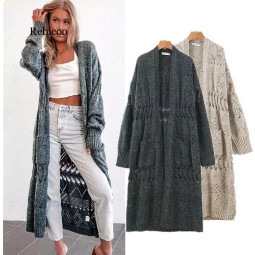 Rebicoo Sweater Women Autumn and Winter New Openwork Cardigan Long Sleeve V-neck Solid Color Pockets Streetwear