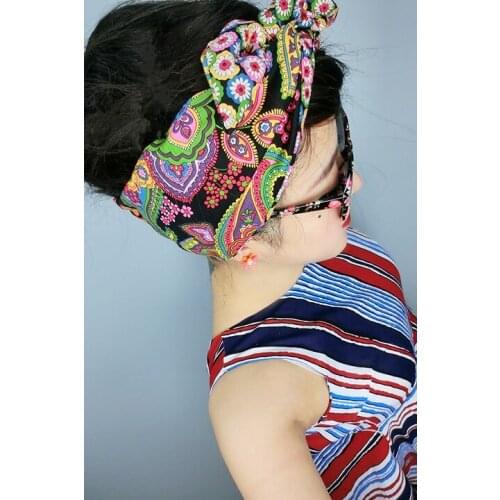 Women vintage 50s red green floral print bow tie headband rockabilly pinup style bandans hair scarf wire wrap accessories