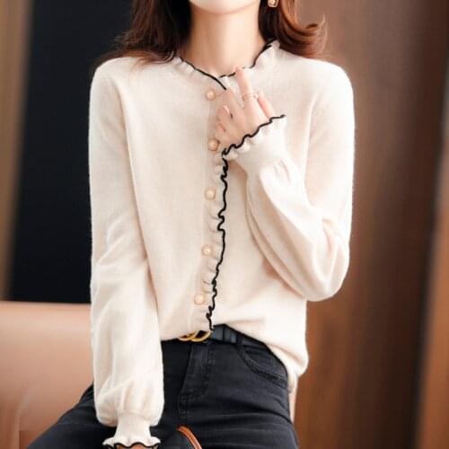 2021 Spring Autumn New Pure Wool Cardigan Womens Color Matching Lantern Sleeve Doll Collar Loose Knitted Top With Wooden Ears