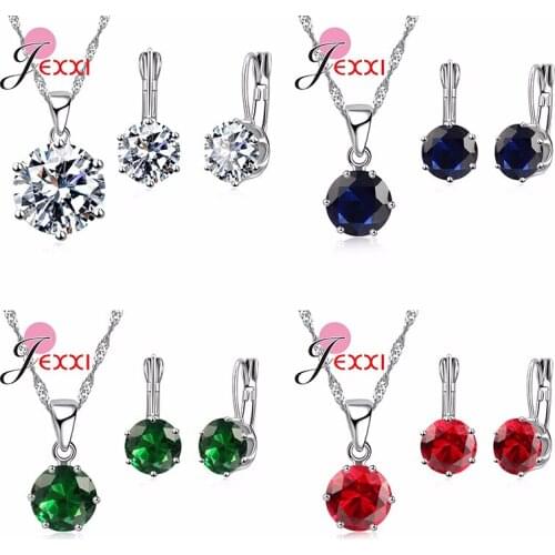 925 Sterling Silver Bridal Jewelry Set For Women Wedding Engagement Pendant Necklace Hoop Earrings Set Austrian Crystal