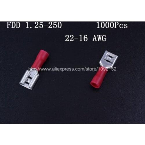 1000pcs/bag FDD1.25-250 22-16 AWG Female Insulated Spade Wire Connector Electrical Crimp Terminal