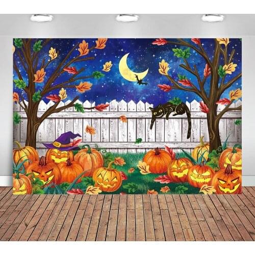 Halloween Pumpkin Field Photography Backdrop Starry Sky Night Moon Photography Background Kids Birthday Party Banner Photo Booth