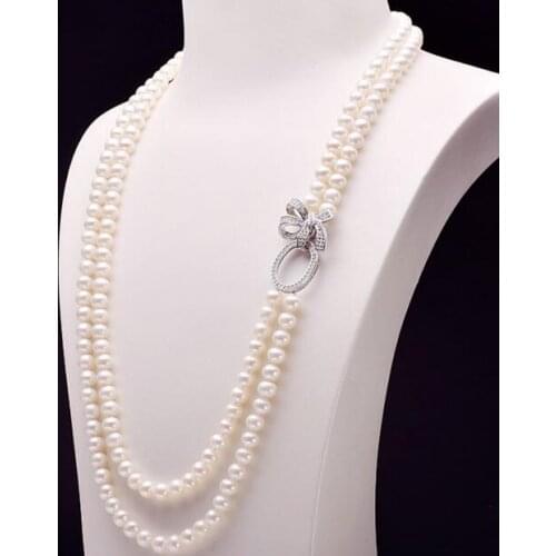 Beautiful 2row 9-10 mm round white pearl necklace 18-19inch
