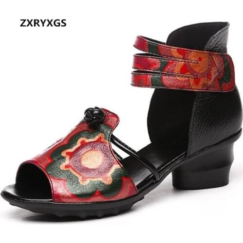 Hot 2020 New Summe Printing Genuine Leather sandals Women Shoes High Heel sandals Comfortable Elegant Women Fashioh Sandals