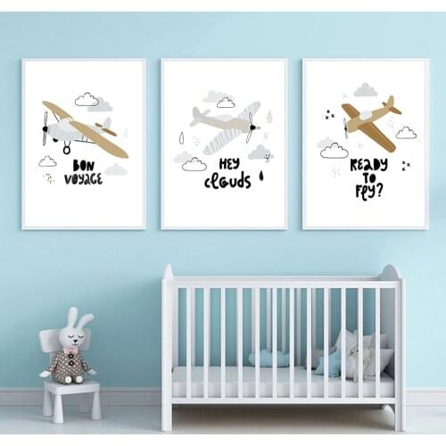 Cute Plane Clouds And Text Child Poster Wall Art Picture Canvas Painting Trendy Scandinavian Print Kids Baby Room Decoration