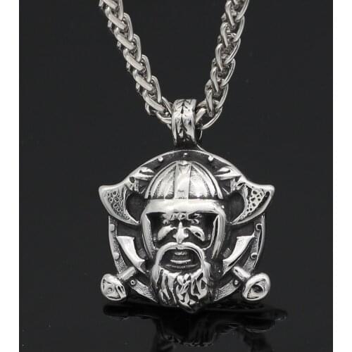 Men stainless steeel norse viking odin face with axe amulet pendant necklace