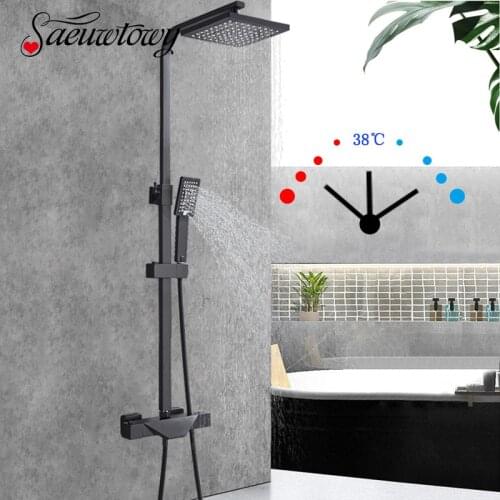 Wall Mounted Bathroom Faucet Black Rain Shower Head Thermostatic Bath Faucet Bathtub Shower Mixer Tap Shower Faucet Shower