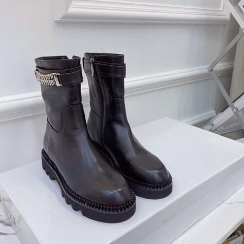 2021 Newest Winter Shoes Woman Martin Boots Genuine Leather Ankle Boots Woman Round-Toes Square Heels Boots Woman Bota Feminina