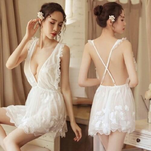 Sexy white lace deep V open back mesh female underwear sleeveless applique ruffle sling mini home nightdress sexy pajamas women