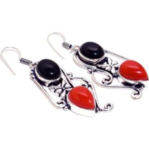 Genuine Carnelian + Black Onyx Silver Overlay on Copper Earrings , Hand made Women Jewelry Gift