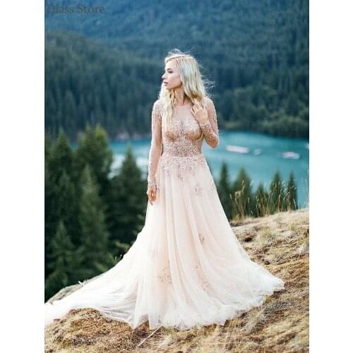 Light Champagne Prom Dress Tulle Long Sleeves Bead Sequin O-neck A-line Sweep Train Evening Dress платье для свадебной вечеринки