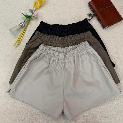 6 Solid Color Elastic Waist High Fall Pu Leather Shorts Women 2020 Wide Leg Biker Shorts Plus Size Femme Casual Ladies Pocket