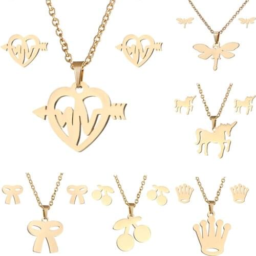 Rinhoo Stainless Steel Jewelry Sets for Women Round Cubic Zircon Animal Cat Butterfly Moon Heart Necklace Earrings Jewelry Sets