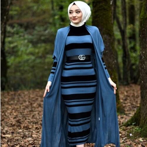 Richkeda Store New2021 2 Pieces Striped Women Set Maxi Dress And Cardigan Double Suit For Winter Islamic Fashion Muslim Clothing