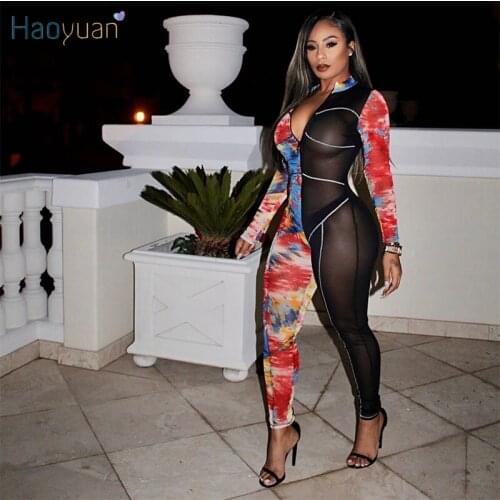 HAOYUAN Sexy Tie Dye Mesh Sheer Romper Womens Jumpsuits Long Sleeves Zip Fashion Clothing Bodycon One Piece Night Club Outfits